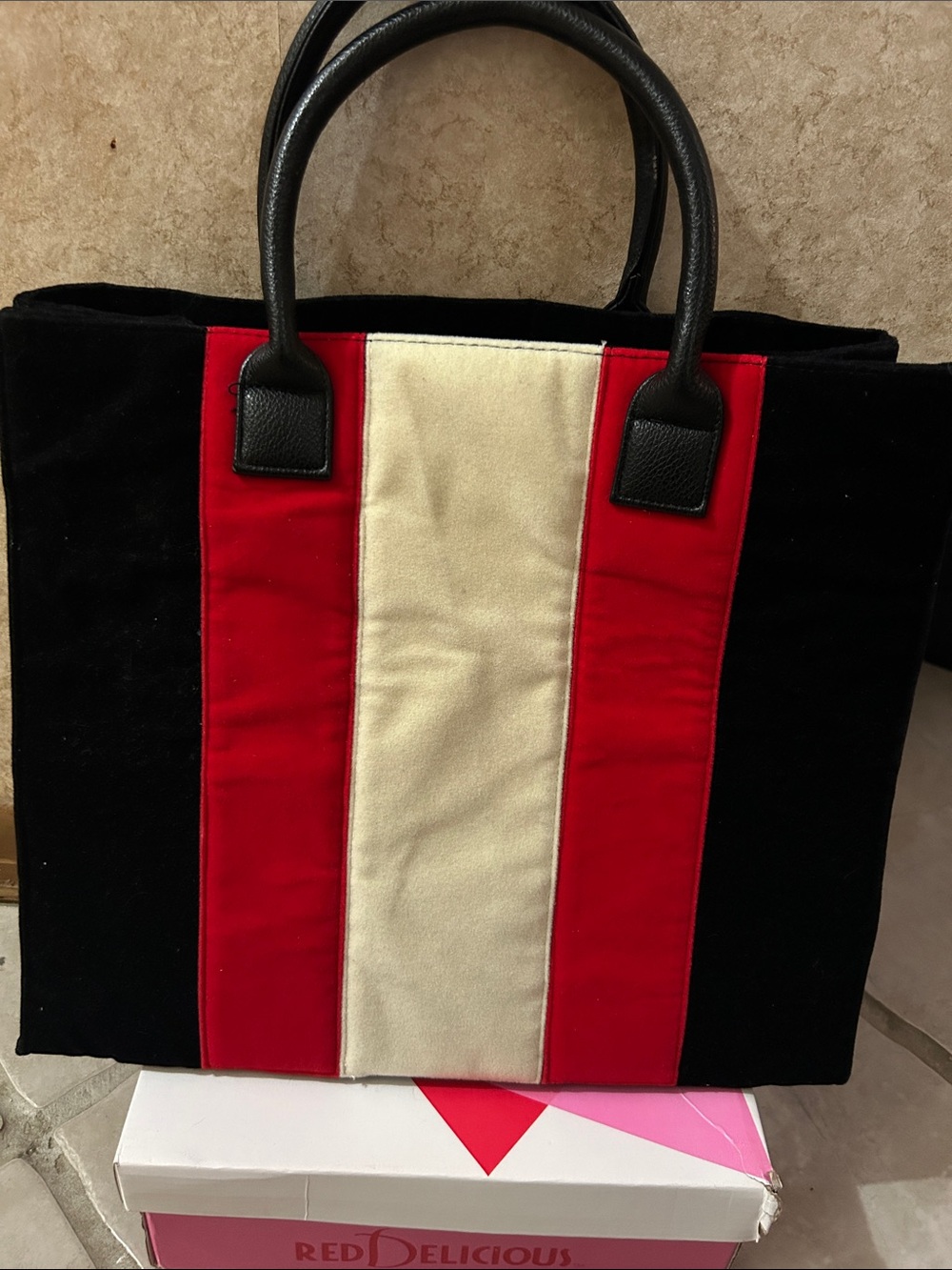 Black Tote with Red and Cream Center Stripe